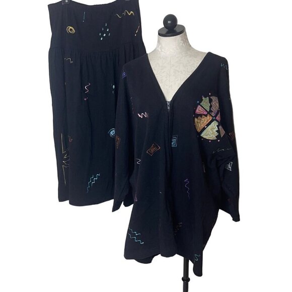 Cristina Maxx Vintage 90s Womens Sweater Skirt Set Size XL Black Cardigan V Neck - Picture 2 of 10